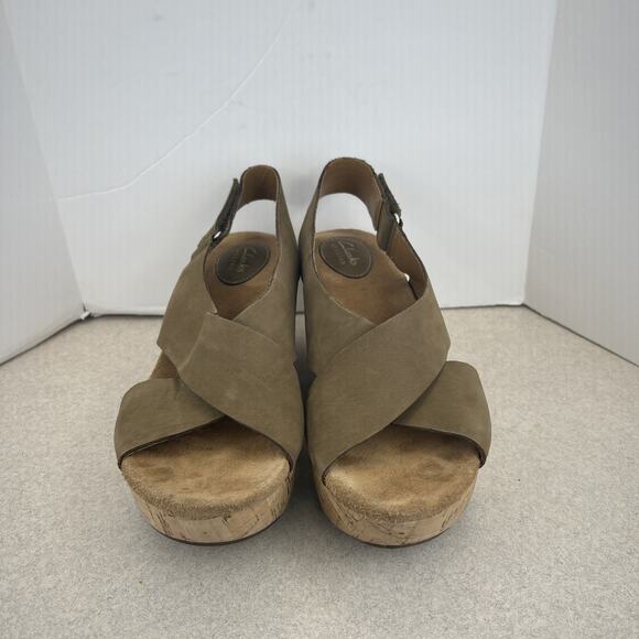 Womens Clark Caslynn Shae Wedge Sandal Tan Size 9 Open Toe Cross Strap Ankle - Picture 2 of 9